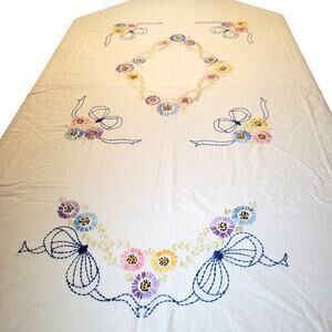 Vintage Handmade Bedspread Embroidered Floral 72x80 Fringe Edges